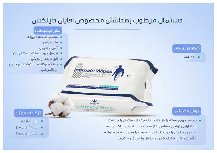 دستمال مرطوب بهداشتی مخصوص آقایان 20 عددی